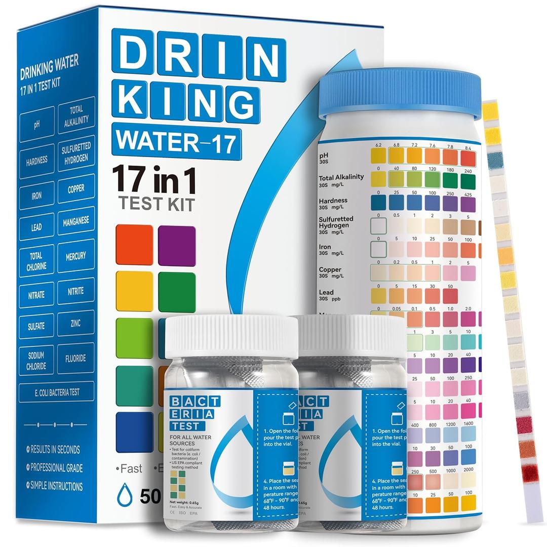 AAwipes Drinking Water Test Strips 17 in 1 50 Strips + 2 Bacteria Tester Kits, Complete Water Testing Kits for Home, Well, Tap Water, City Water, Flood Water Testing Strips (K03-50)