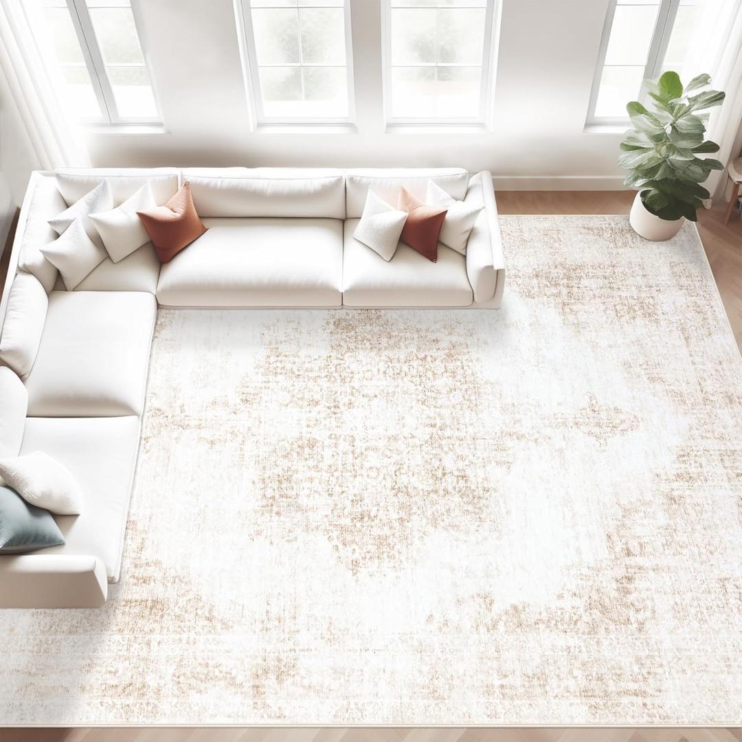 Area Rugs 8x10 Vintage Rug: Large Washable Living Room Rug Retro Medallion Distressed Rugs Soft Low Pile Non-Slip Indoor Floor Carpet for Bedroom Kitchen Nursery Dining Table Office (Beige, 8'x10')