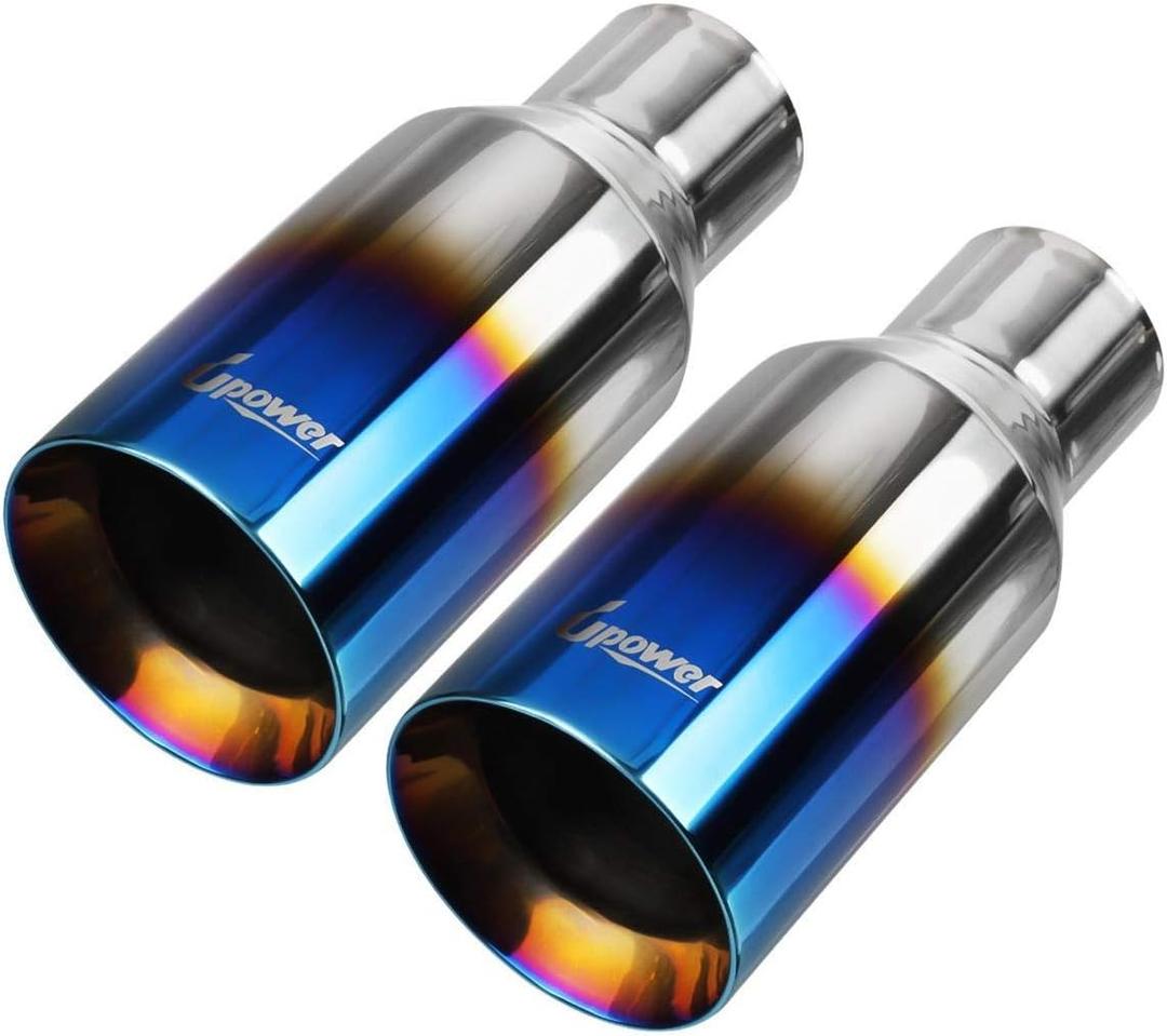 Upower 2.5 Inch Inlet 4 Inch Outlet Exhaust Tip 2 1/2" to 4" Blue Burnt Exhaust Tailpipe 9" Long Double Wall Straight Cut 304 SS Weld On Pack of 2