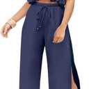 FANCYINN Womens 2 Pieces Outfits Deep V Neck Crop Top Side Slit Drawstring Wide Leg Pants Set Jumpsuits, M