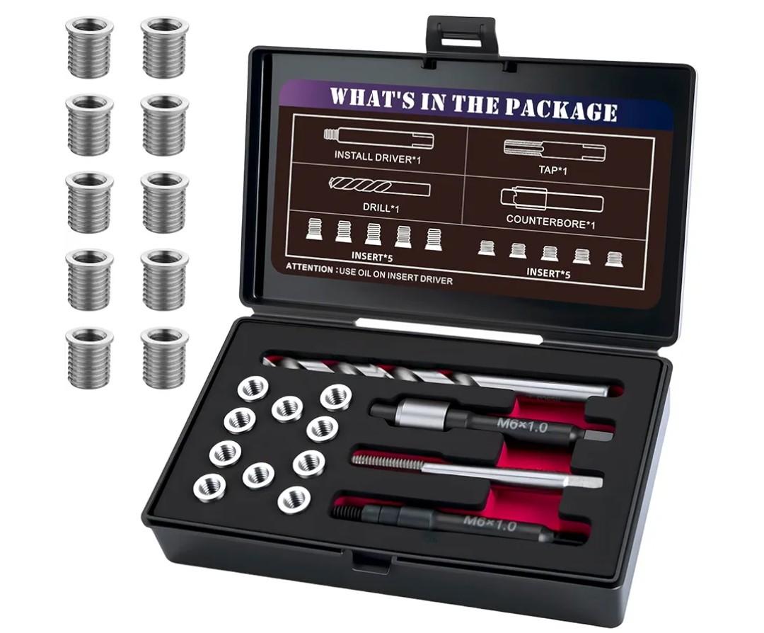 SENNMONN M6X1.0 Thread Repair Kit with 9.4mm Insert HSS Drill, Tap, Installation Driver, Counterbore, Stainless Steel Insert M6X1.0X9.4mmX10 PCS
