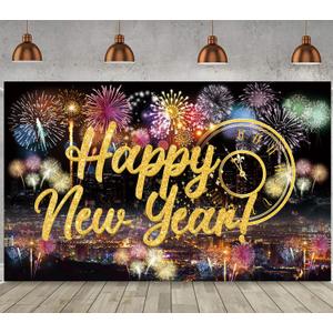 Famoby Happy New Year Fabric Sign Poster Backdrop with Fireworks for New Year Photo Booth Background Party Decoration