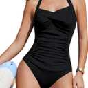 AI'MAGE Women's One Piece Swimsuit Halter Bathing Suit Ruched Tummy Control Swimsuits Push Up Swimwear (Medium, Black)