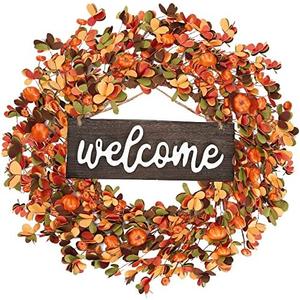 Sggvecsy Fall Wreath 20'' Autumn Front Door Harvest with Small Pumpkin Berry Round Leaves Decorations for Outside Indoor Wall Window Festival Thanksgiving Decor(Orange)