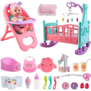 deAO 12 Baby Doll Play Set with Crib, Mobile, High Chair Feeding Accessories, Interactive Dolls for Girls Kids Pretend Play Baby Dolls 21 PCS