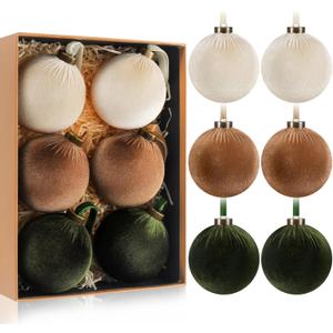 HyDren 6 Pcs Velvet Christmas Ball Ornaments 4 Inches Large Flocked Christmas Tree Hanging Ornaments Shatterproof Xmas Bulbs for Home Xmas Tree Party Decor(Beige, Light Brown, Dark Green)