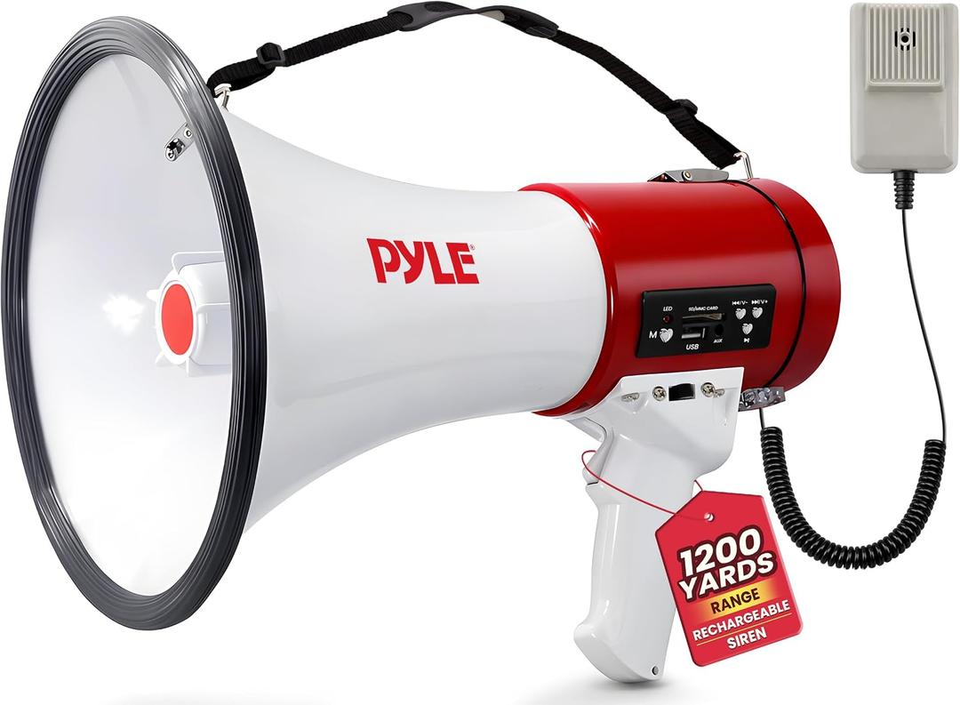 Pyle 50W Megaphone Bullhorn with Siren & Detachable Microphone - Portable Lightweight Design, Rechargeable Battery, 1600 Yards, Ideal for Police, Cheerleading & Outdoor Events, White