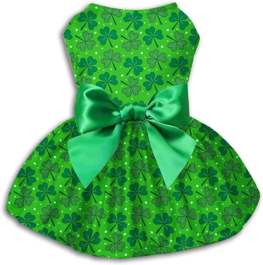 St. Patrick's Day Dog Dress, Green Shamrock Clover Puppy Skirt with Bowknot, Soft Breathable Pet Clothes for Small Medium Dogs & Cats, Cute Irish Holiday Outfit Apparel & Costume (Large)