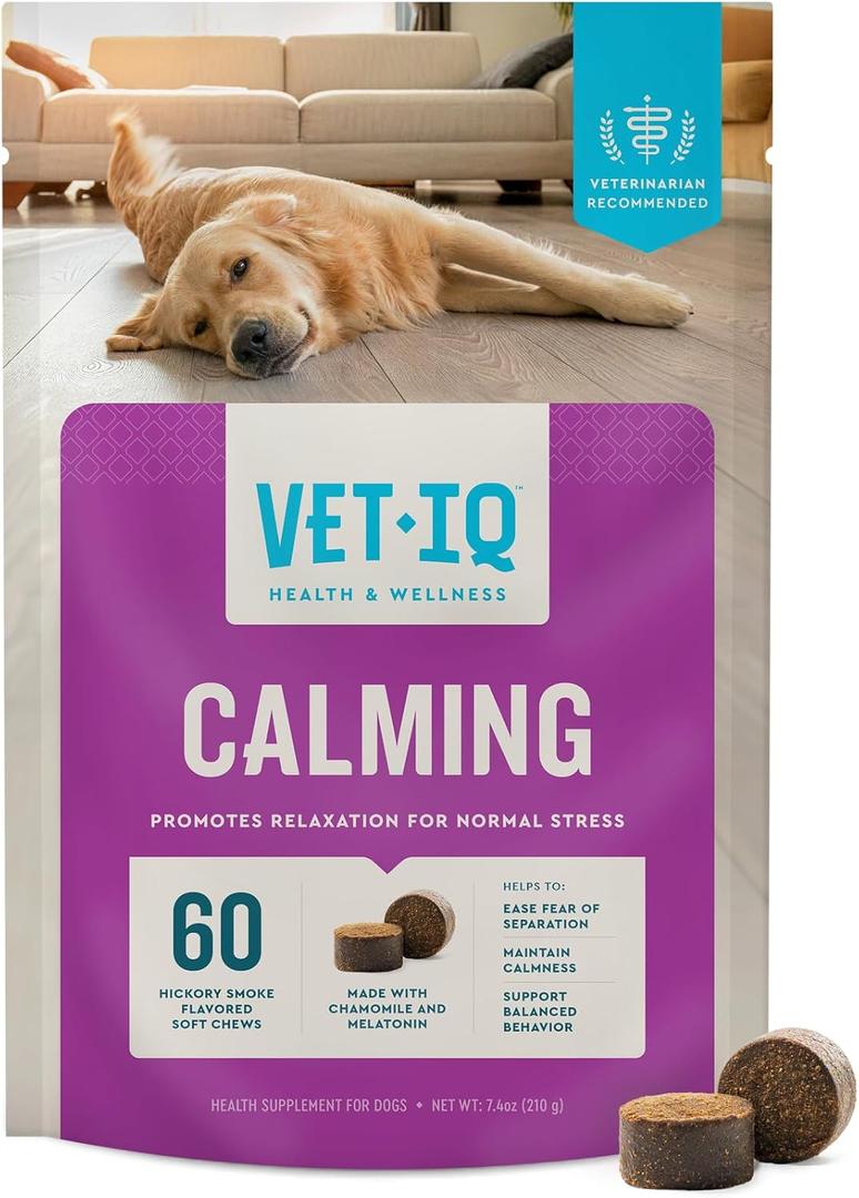 VetIQ Calming Support Supplement for Dogs, Calming Chews Help Manage Stress and Promote Relaxation, Anxiety Relief for Dogs, Made in The USA, 60 Count