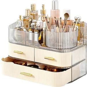 3-Layer Vanity Desk Organizer with Drawers, Clear Makeup Organizer Countertop, Roof Open Compartment with Dividers, Plastic Storage Bins for Skincare, Perfume Holder Organizer