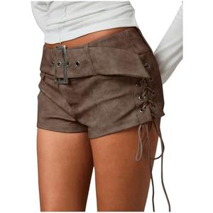 Floerns Women's Faux Leather Lace Up Side Low Rise Waist Mini Shorts Buckled Belt Western Y2k Suede Shorts, Brown, XS