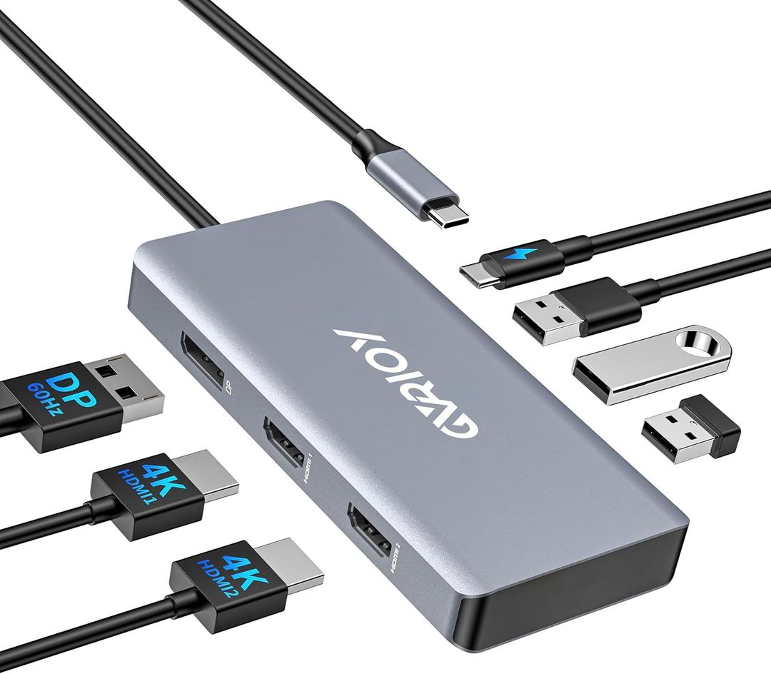 USB C to Dual HDMI Adapter, Multi Display Docking Station Dual Monitor with 2 HDMI, Displayport, 100W PD, 3 USB Ports, USB C Hub Multiport Dongle Compatible with MacBook/Dell/HP/Lenovo Laptops (Grey)