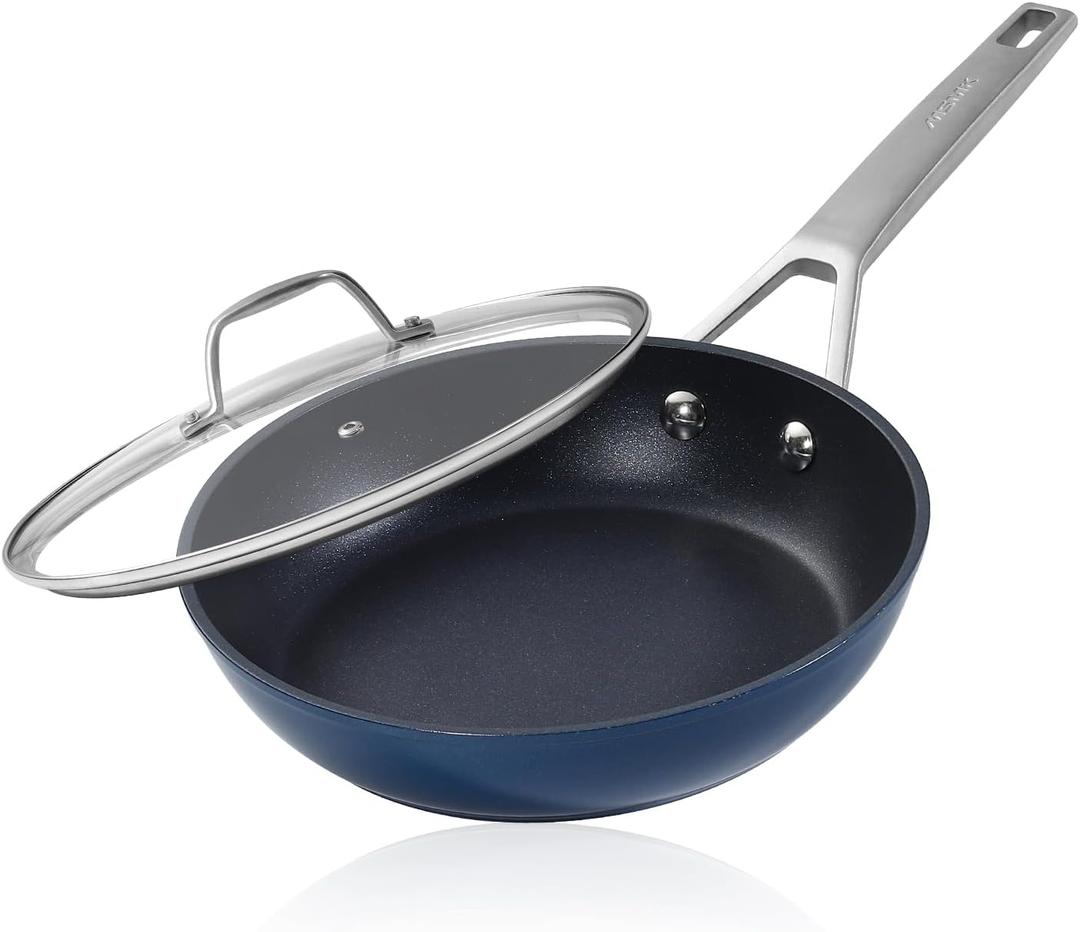 MsMk Non stick frying pan set with lid Blue, 12-inch Durable skillet, Titanium and Diamond Non Stick Non-Toxic Even Heating, Easy Clean-Up, Comfort Handle, Induction Compatibility