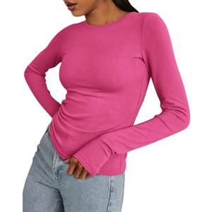 BTFBM Women's Casual Tops Spring Fall Outfits 2025 Long Sleeve Shirt Crewneck Workout Stretchy Slim Fit Going Out Top Small