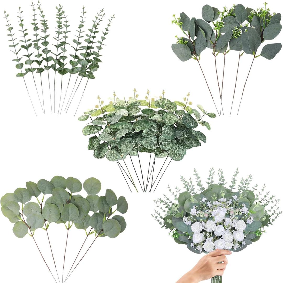 Eucalyptus Stems Bulk 30 Pcs, 4 Kinds Mixed Artificial Silver Dollar Eucalyptus Leaves Bundle Faux Greenery Branches for Wedding Vase Bouquet Floral Arrangement Centerpiece Home Decor