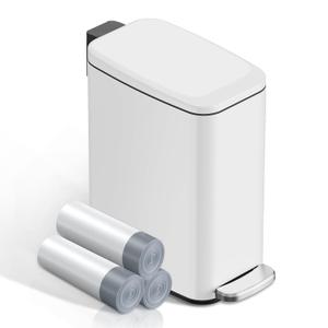 KSSKSS Small Bathroom Trash Can with Lid Soft Close, Step Pedal, 6L / 1.6 Gal Stainless Steel Garbage Bin with Removable Inner Bucket, Slim Wastebasket for Narrow Spaces (White)