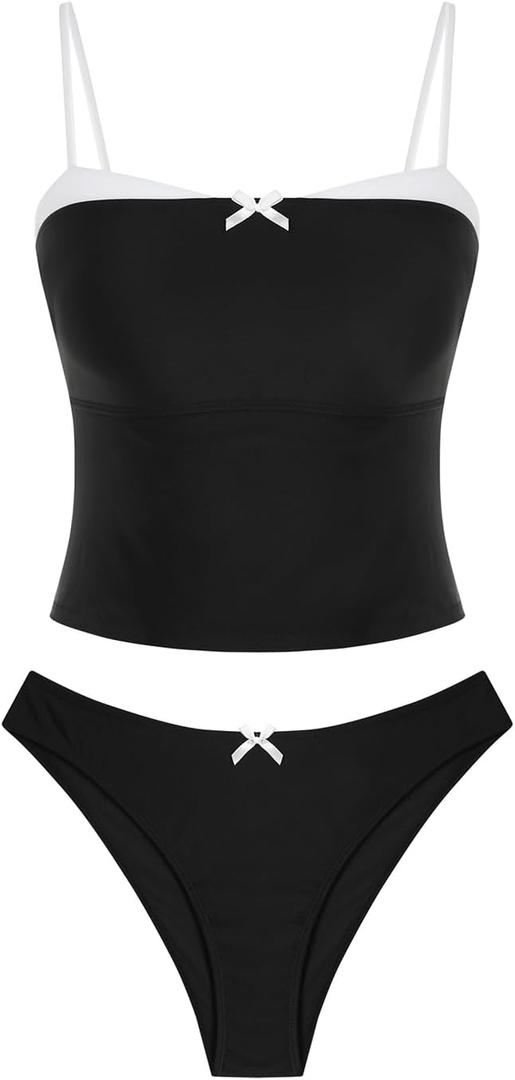 ZAFUL Cute Tankini Swimsuits for Women Retro Y2K High Cut Two Piece Bathing Suit 2026 Beach Swimwear (Black, M)