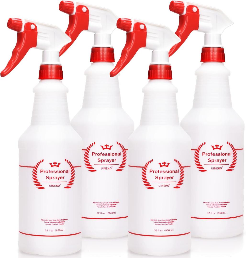 Plastic Spray Bottle (4 Pack, 32 Oz, All-Purpose) Heavy Duty Spraying Bottles Leak Proof Mist Empty Water Bottle for Cleaning Solution Planting Pet with Adjustable Nozzle and Measurements