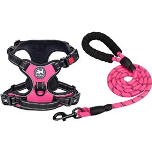 PoyPet Dog Harness and Leash Combo, Escape Proof No Pull Vest Harness, with 5 Feet Leash, Reflective Adjustable Soft Padded Pet Harness with Handle for Small to Large Dogs(Pink,L)