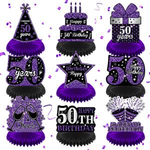 9Pcs Purple 50th Birthday Decorations - Honeycomb Centerpieces & Table Topper for Women & Men's 50th Birthday & Anniversary Party Supplies