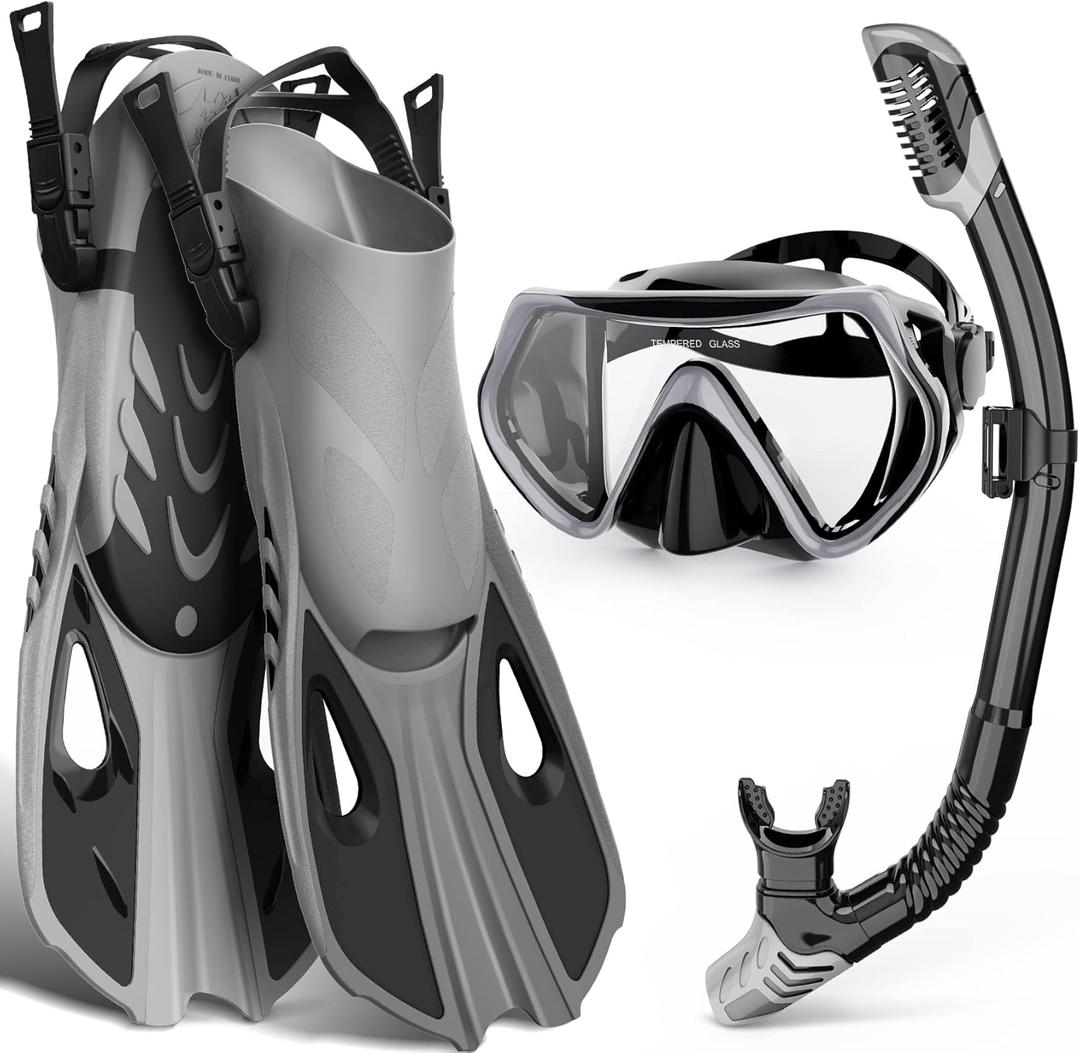 Mask Fin Snorkel Set, Snorkeling Gear for Adults with Panoramic View Mask, Dry Top Snorkel, Adjustable Swim Fins and Travel Bag, Man Woman Snorkel Gear for Swimming Snorkeling Diving (Grey)