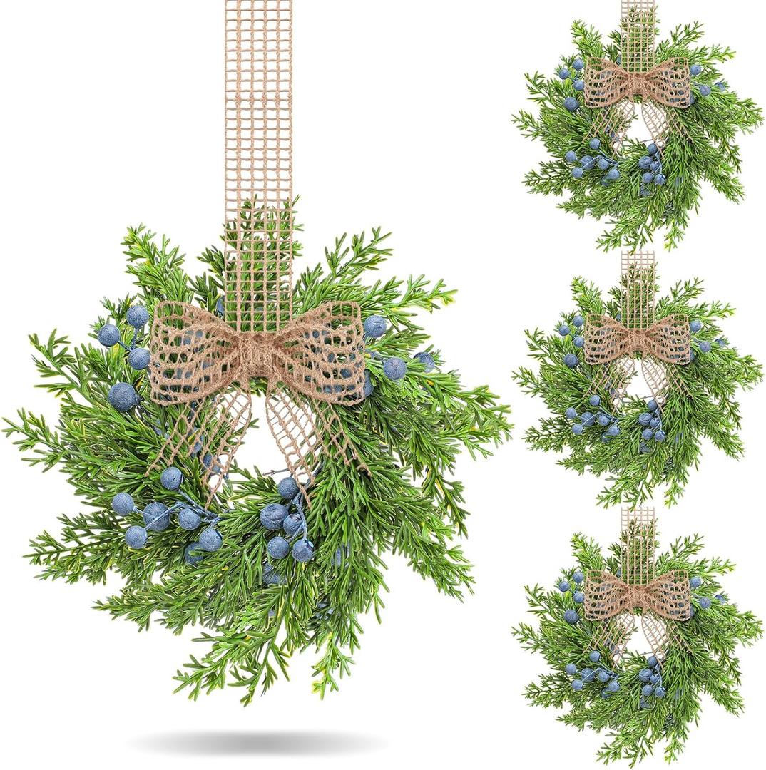 12 Pcs Small Vintage Christmas Cabinet Wreath Artificial Blue Berry Mini Kitchen Wreaths with Retro Burlap Ribbon for Farmhouse Rustic Front Door Window Wedding Chair Wall