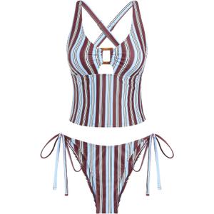 ZAFUL Women's Tankini Set V Neck Tummy Control Floral Printed Tie Side Thong Bikini Swimsuits 2 Piece Bathing Suits M