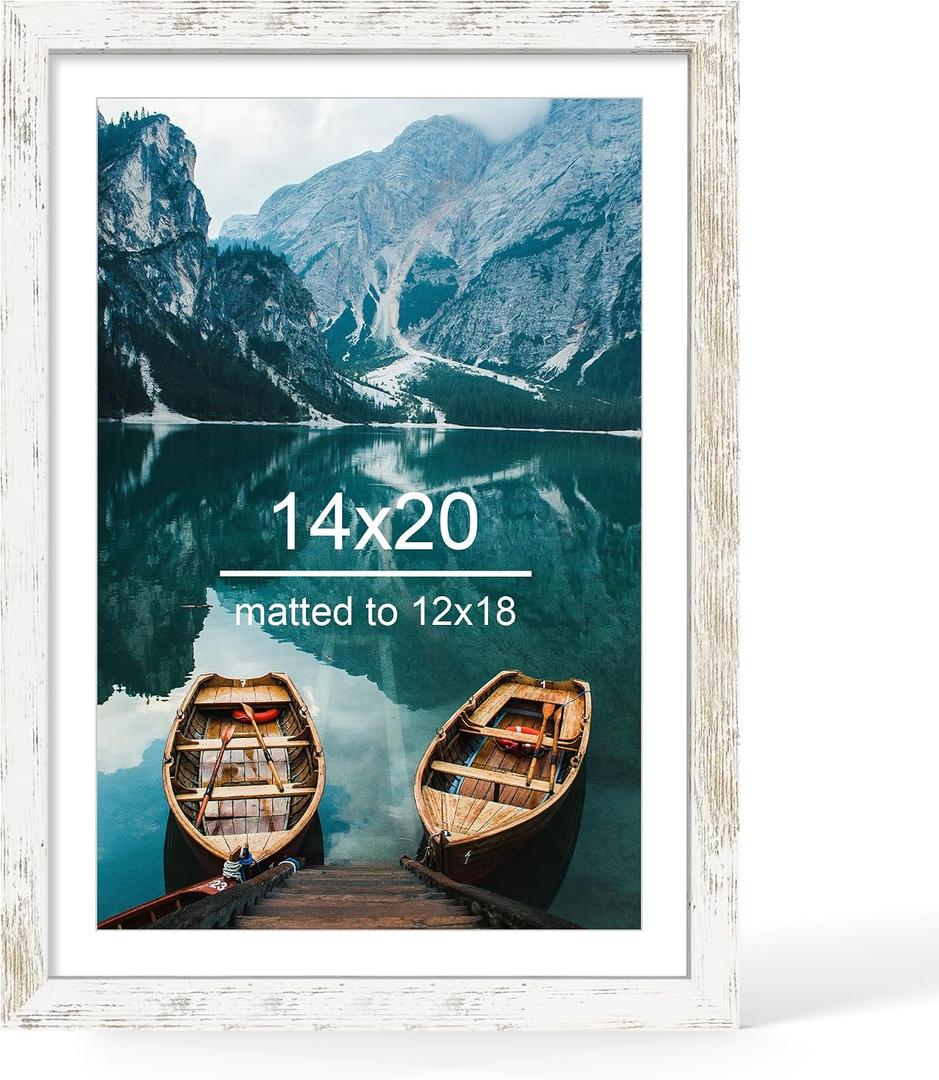 Hongkee 14x20 Picture Frame, Distressed White Wood Style - Display Posters 12 x 18 with Mat or 14x20 without Mat, Wall Mounting Horizontal and Vertical, 1 Pack