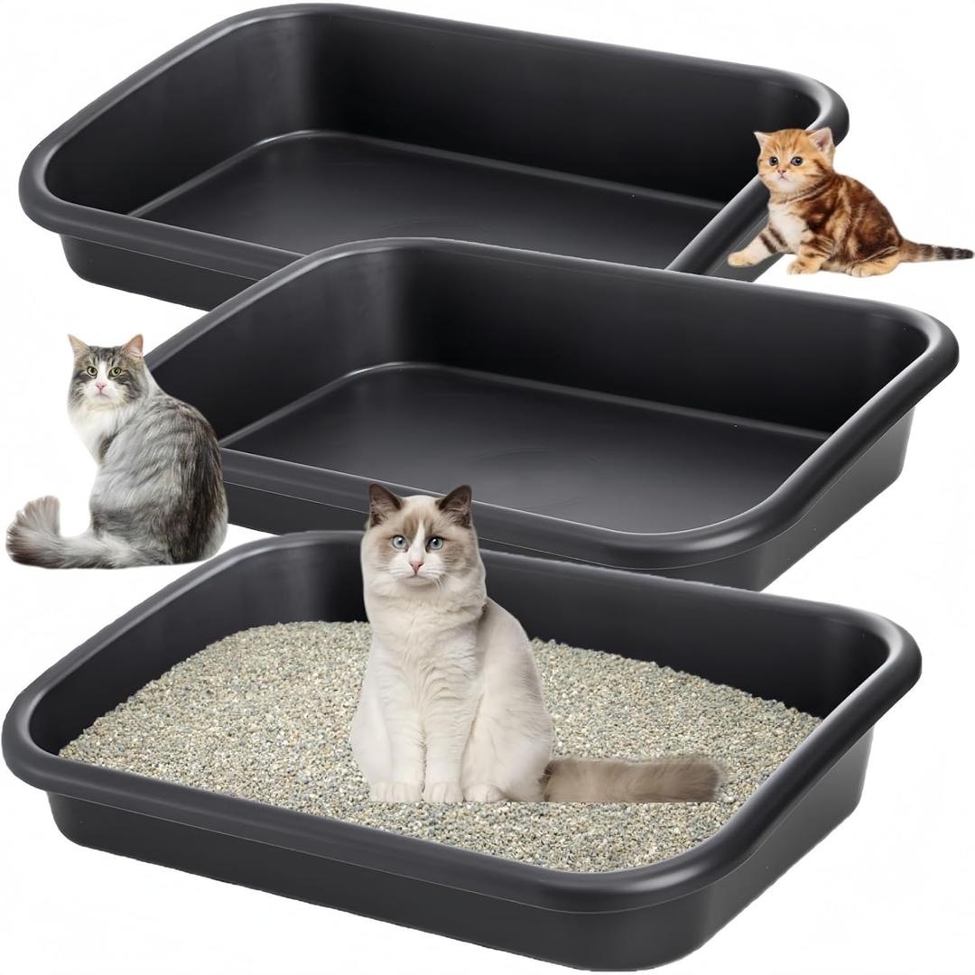 Tlence 3 Pack Low Entry Cat Litter Box, 23" Open Top Pet Litter Pan for Kitten, Extra Large Senior Cat Travel Toilet, Shallow Potty Tray Boxes for Indoor Outdoor Frail Handicap Disabled Elderly Cats