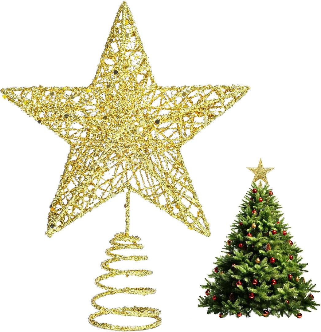 Christmas Tree Topper, Gold Glittered Star with Hollow Design, Tree Topper Star for Christmas Xmas Toppers Decoration