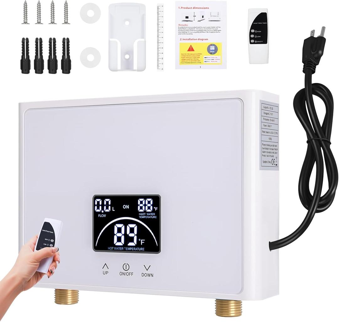 Mini Tankless Water Heater Electric 3KW 110V: Point of Use Hot Water Heater Under Sink on Demand with Digital Display and Remote Control, Multiple Safety Protection for RV Kitchen Bathroom