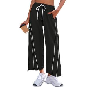 Fisoew Womens Baggy Wide Leg Pants Casual Elastic Waist Drawstring Hiking Workout Cropped Track Pants with Pockets Black, Size M