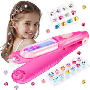 Kids Hair Gem Stamper Kit, Bling Hair Jewels for Girls Toys, Quick Gems Hair Jeweler, Hair Styling Tool with Reusable Shining Diamonds, Birthday Gifts Toys for Girls Ages 3 4 5 6 8-12 (Pink)