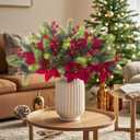 Grunyia 8PCS Artificial Flowers Bouquet Christmas Floral Pine Cones Red Fake Berry Picks Stems Holly Holiday Floral Picks for Xmas Tree Party Decoration DIY Indoor Table Centerpieces