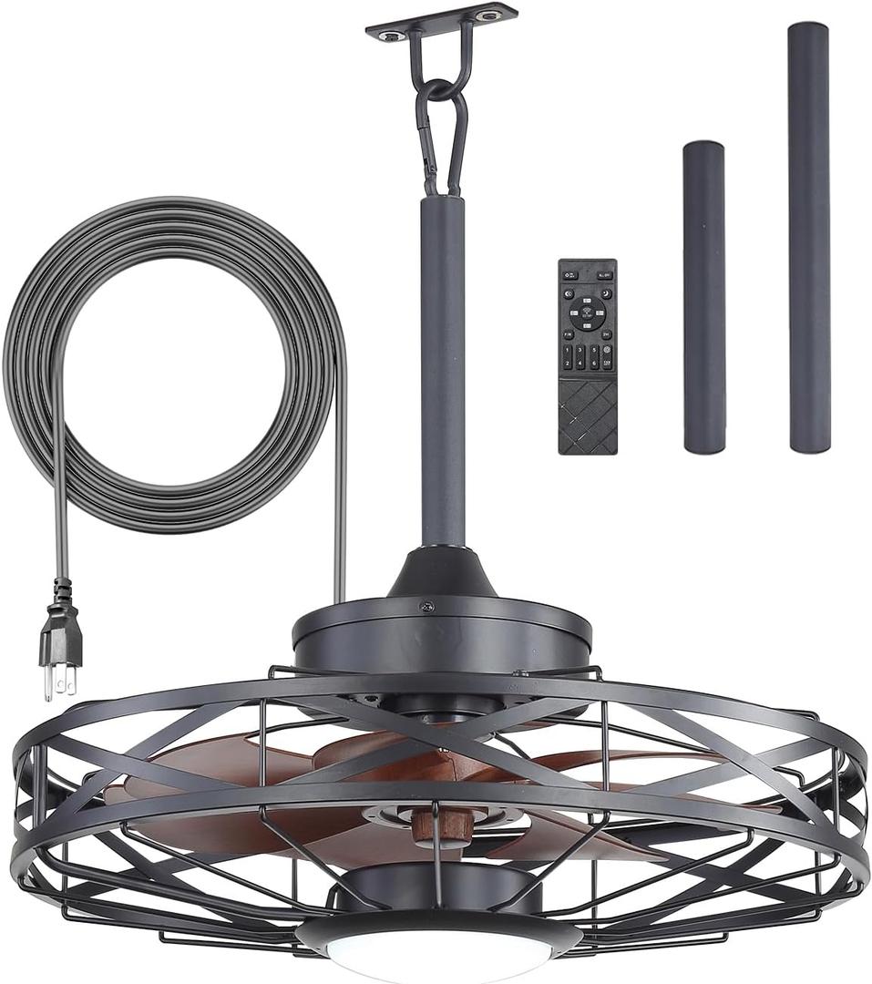 20" Gazebo Fans Outdoor Hanging, Caged Ceiling Fan with Light and Remote | Waterproof, Plug in, 15W Dimmable LED Light, Quiet DC Motor, Reversible Airflow for Outside Patio Pergola Porch, Medium