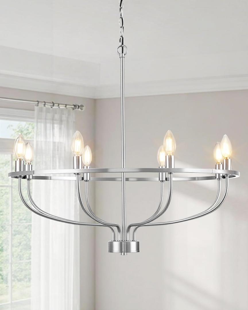 YUNNIX 8 Light Brushed Nickel Chandelier for Dining Room, 30 Inch Wagon Wheel Light Fixture, UL Whole Fixture, Silver Modern Farmhouse Candelabra Chandelier with Chain for Living Room, Entrance, Foyer