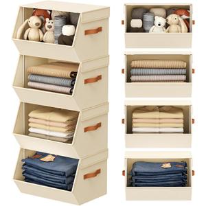 Stackable Closet Organizers and Storage Bins, Open Front Closet Shelf Organizer System With Steel Frame, Clothes Storage Basket Fabric, Collapsible Closet Drawers for Wardrobe, Nursery ,Toy, 4 Pack