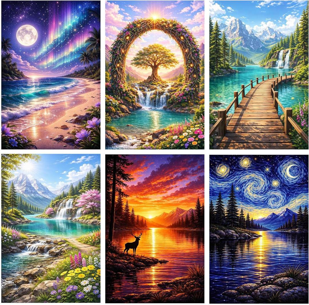 Yikenjoy 6 Pack Diamond Painting Kits for Adults, 5D Diamond Art Kits for Adults Beginners, Full Drill Landscape Diamond Painting Kits, DIY Diamond Art Kit Set for Home Wall Decor Gift (12x16in)