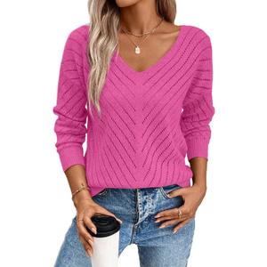 SHEWIN Womens Sweaters V Neck Long Sleeve Shirts Knit Hollow Out Crochet Sweater Fall Outfits for Women 2025 (Large, Bright Pink)