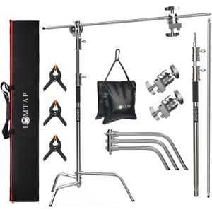 LOMTAP C Stand Light Stand Stainless Metal Photography Kit - Heavy Duty 10.8ft/330cm Vertical Pole, 4.2ft/128cm Boom Arm, Adjustable Base, Water Sandbag, 2 Grip Heads, 3 Clips for Softbox, Reflector (Silver)