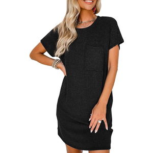 Acelitt Womens Casual Summer Crewneck Short Sleeve Ribbed Mini Tshirt Dress, L 2 pack