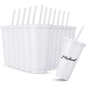 Amyhill 12 Pcs Reusable Cups with Lids and Straws 24 oz Plastic Tumbler Iced Coffee Cup Travel Mug for Smoothie Juices Birthdays Sleepover Party Supplies for Girls (White)