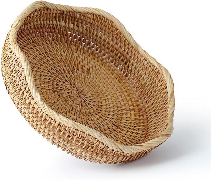 YANGQIHOME Rattan Bread Basket, Round Fruit Baskets, Wicker Storage Bowls, Natural Woven Serving Basket Bowls, Decorative Baskets for Kitchen Counter Organizing, Set Of 2