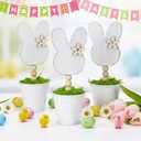 Yousoontic 3 Pcs Neutral Wooden Bunny Standing Table Decor Rustic Bunny Table Centerpiece Signs Rustic Rabbits Mini Potted Signs with Flowers Neutral Farmhouse Rabbits Gifts Easter Tabletop Decor