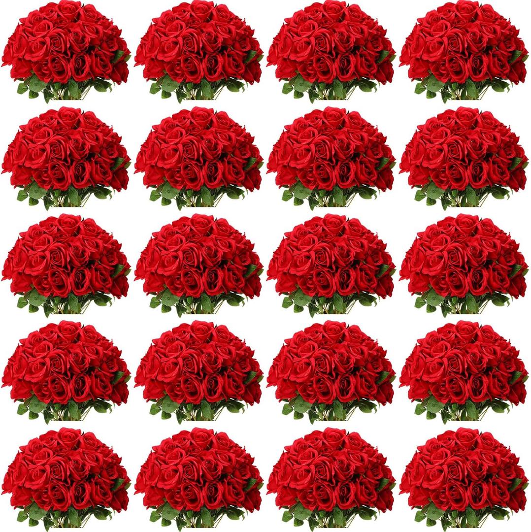 Tigeen 150 Pcs Artificial Rose Flowers Bulk, Fake Silk Roses Realistic Long Stem Flower Bouquets for Wedding Centerpieces Flower Arrangement Valentine's Day Home Party Decor(Red)