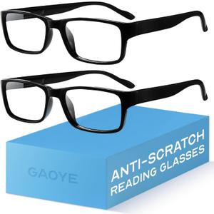 Gaoye 2-Pack of Reading Glasses - Blue-Light Filter, UV Protection - Readers with Rectangle Frames (Black)