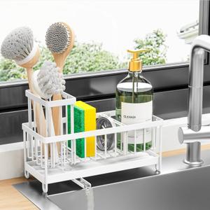 Cisily Sponge Holder for Kitchen Sink, Sink Caddy Organizer with High Brush Holder, Kitchen Countertop Organizers and Storage Essentials, Rustproof 304 Stainless Steel (White, 9.25)