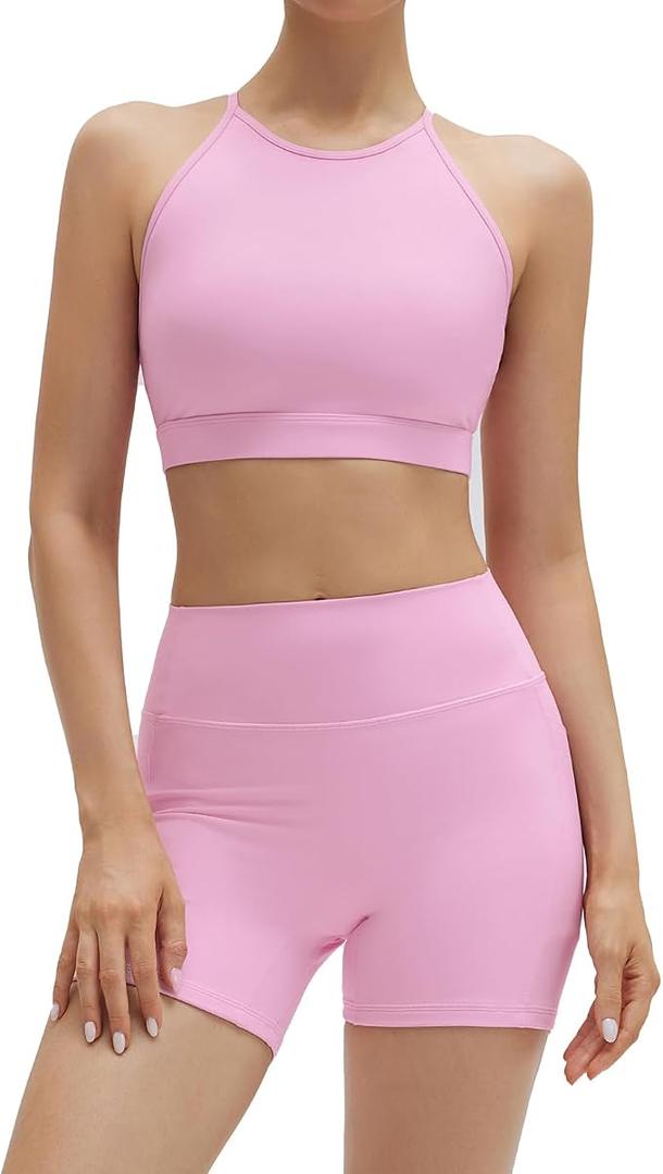 SUUKSESS Womens Workout Set Crew Neck Strappy Sports Bra Tank High Waist Tummy Control Bike Short Outfit
(Pink, S)