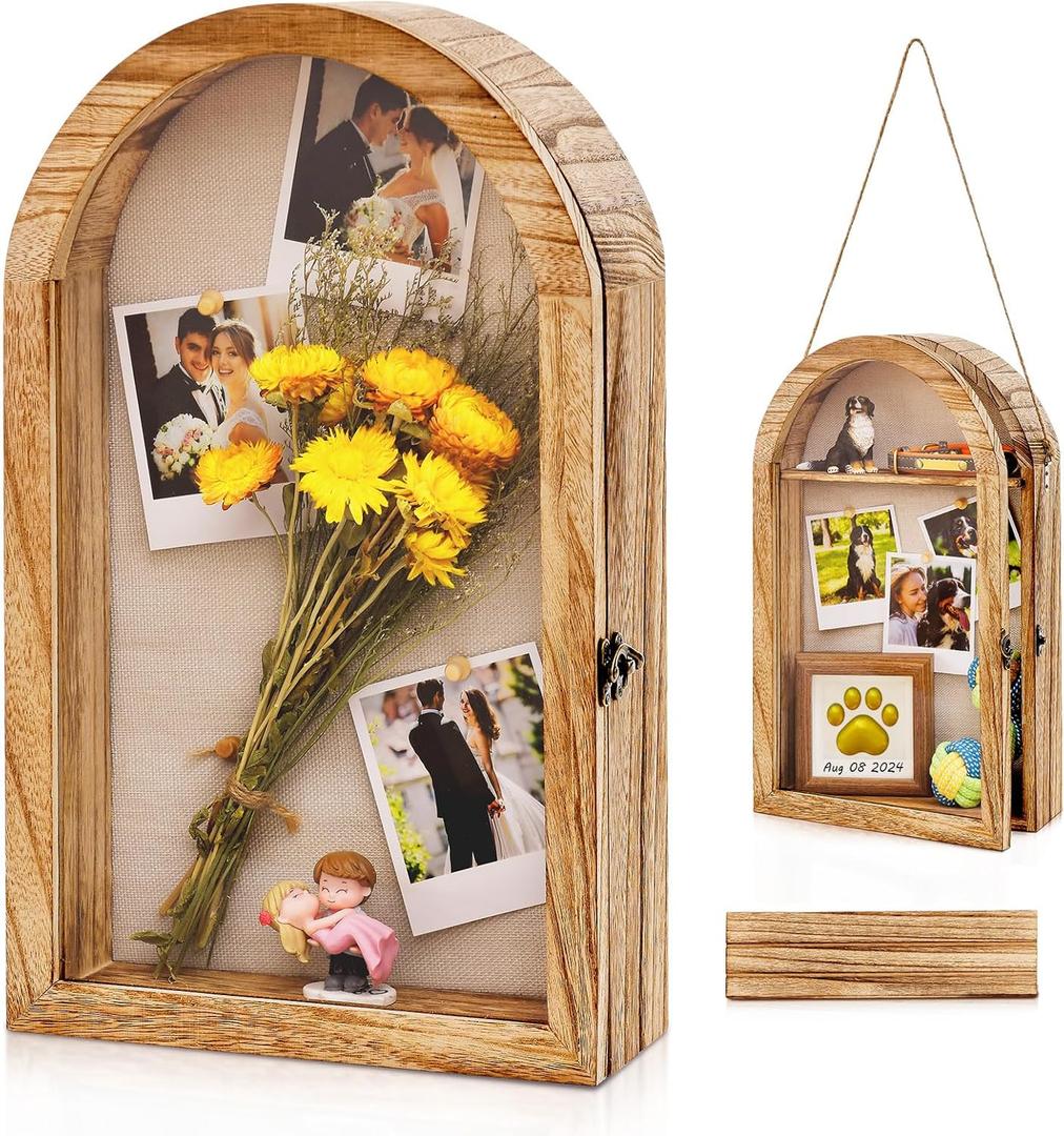 DGWJSU Shadow Box Frame 10x16 Large Shadow Boxes Display Cases with Linen Back and Removable Shelves, Picture Frame Wedding Bouquet Memorabilia Medals Photos Memory Box for Keepsakes, Carbonized Brown