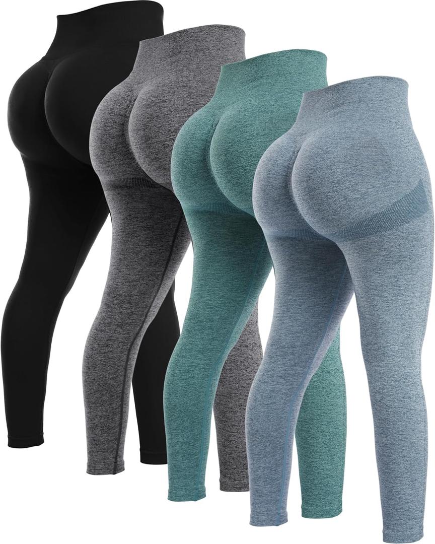 NORMOV 2 Piece Butt Lifting Workout Leggings for Women, Seamless Gym Scrunch Booty Lifting Sets (Medium, 4packs(black+blue+grey+forest Green))